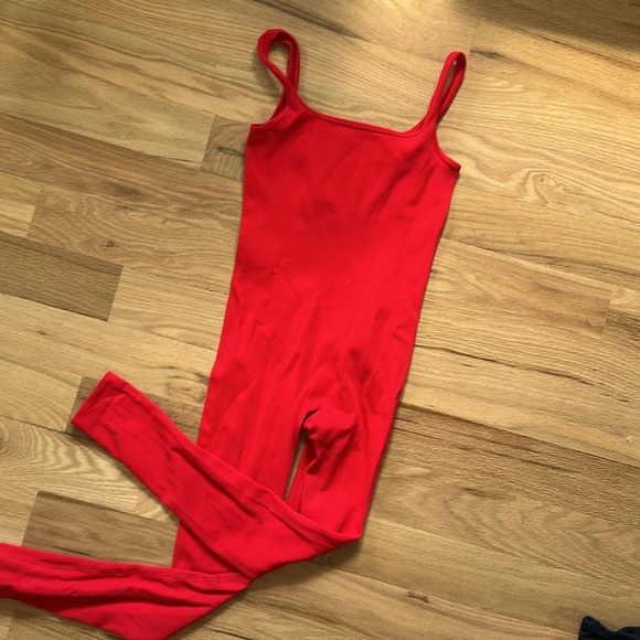 Seamless red ribbed unitard tank top leggings romper women's size Small - Picture 3 of 6